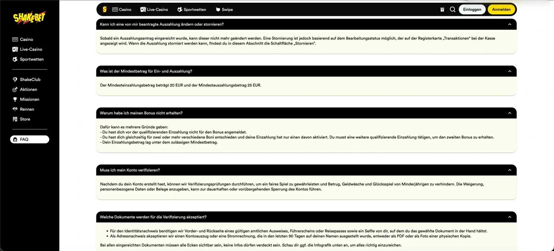 FAQ und Supportbereich von Shakebet